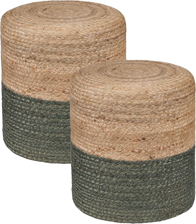 REDEARTH · Cylindrical Pouf Foot Stool Ottoman - Jute Braided Pouffe Poof Accent Sitting Footrest for The Living Room, Bedroom, Nursery, Patio, Lounge - Set of 2 (14.5”X14.5”X16”; Natural Olive)