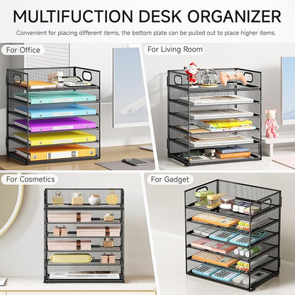 6 Tray Paper Organizer Letter Tray with Handle - Mesh Desk File Organizer, Paper Sorter Organizer for Office, Home or School File Folder Holder -Black