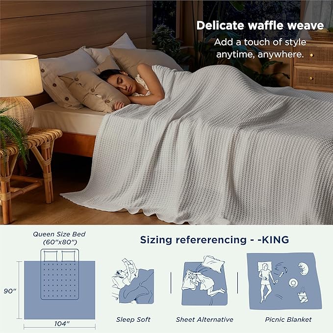 Bedsure Gentlesoft 100% Cotton Blanket King Size for Bed - Breathable and Soft, Thick Cozy Waffle Weave Christmas Blanket Gift for Women, White, 104x90 inches