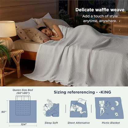 Bedsure Gentlesoft 100% Cotton Blanket King Size for Bed - Breathable and Soft, Thick Cozy Waffle Weave Christmas Blanket Gift for Women, White, 104x90 inches