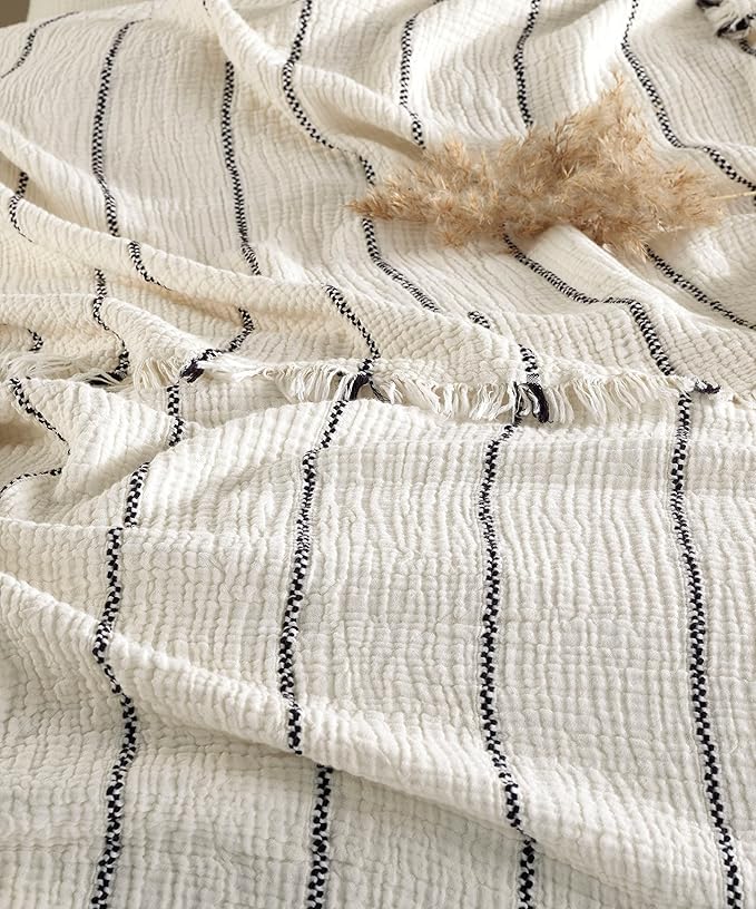 Bohemian 4 Layers Gauze Lightweight Throws,Cotton Muslin Throw Blanket,Breathable Coverlet, 4 Layer Bed Cover (Beige with Black Pinstripe, Twin Size 63 x 90 inches)