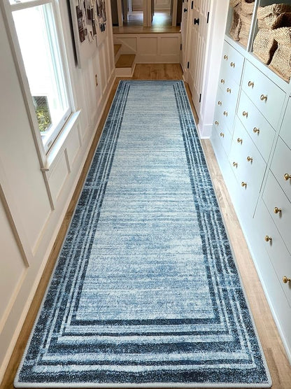 Lahome Modern Abstract Runner Rug, Washable Blue 2.5x10 Kitchen Runner Non Slip Runners for Hallways 10ft, Low-Pile Long Entryway Rug Indoor Soft Carpet Runner for Bedroom Hall
