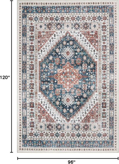 zesthome 8x10 Area Rugs for Living Room,Non-Slip Backing Washable Rugs,Vintage Large Area Rug，Stain Resistant Home Decor Rug (Navy Blue/Red,8'x10')