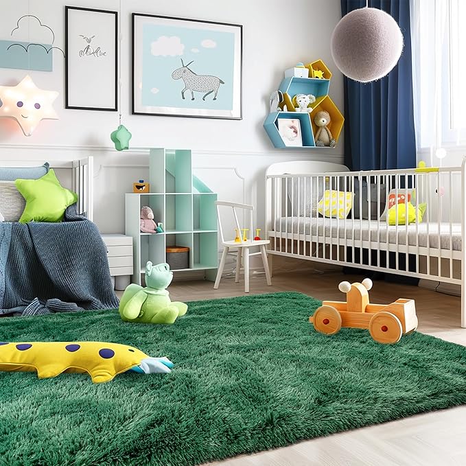 Super Fluffy Rug for Bedroom, 4x6 Shag Fuzzy Area Rug for Living Room Bedroom, Plush Soft Carpet for Girls Boys Kids, Non Slip Throw Rugs for Dorm, Modern Home Decor Aesthetic, Dark Green