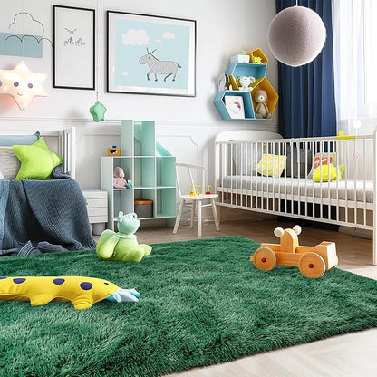 Ultra Fluffy Rug for Living Room Bedroom, 5x7 Fuzzy Large Area Rug for Living Room, Plush Soft Shag Carpet for Girl Boy Kids, Non Slip Rug Modern Indoor Home Decor Aesthetic, Dark Green