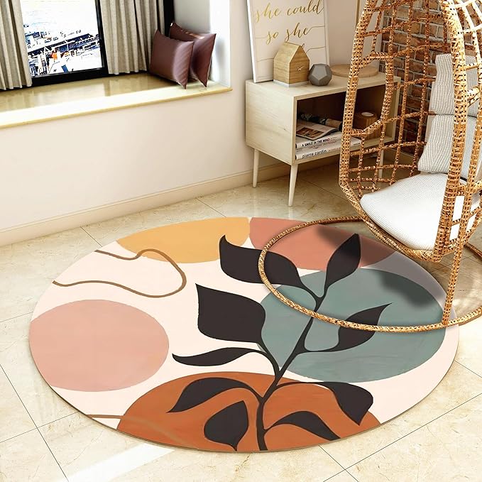 Mid-Century Round Area Rug, 4ft, Leafy Plant Simple Rug, Soft Non-Slip Machine Washable Round Rug, Bohemian Round Bath Mat, Suitable for Living Room Bedroom Bedside Bathroom Entrance