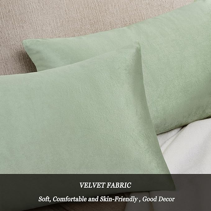 GIGIZAZA 12x20 Sage Green Pillow Covers Velvet Lumbar Pillow Decorative Throw Pillows Couch Sofa Covers Bedroom Set of 2