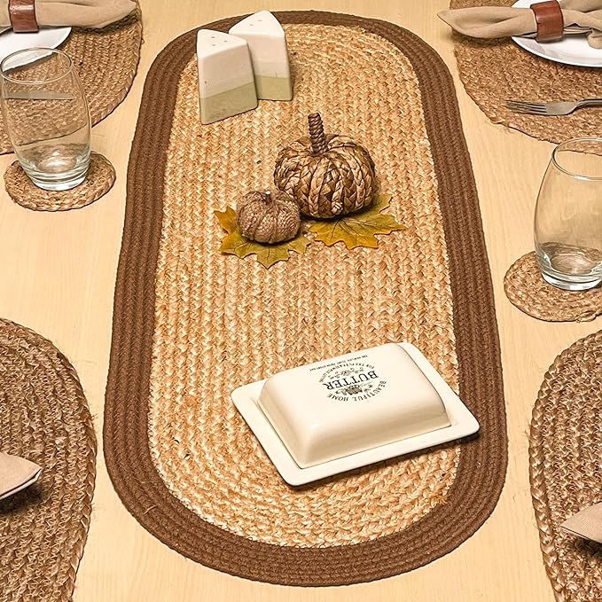 CHARDIN HOME Verona Oval Woven Jute & Cotton Braided Table Runner, Size -13 x 36 Inches, Color - Natural Jute with Brown Border