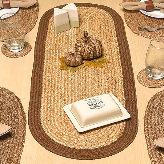 CHARDIN HOME Verona Oval Woven Jute & Cotton Braided Table Runner, Size -13 x 36 Inches, Color - Natural Jute with Brown Border
