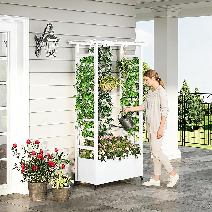 Raised Garden Bed with Trellis & Hanging Roof, Weatherproof Metal Planter Box with Wheels, Garden Arch Trellis for Outdoor Climbing Plants Vines Flowers, 74" H x 44" L x 17" W, White