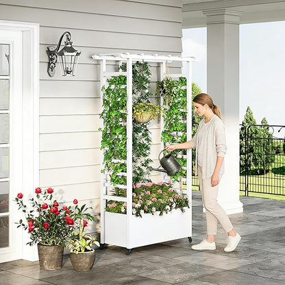 Raised Garden Bed with Trellis & Hanging Roof, Weatherproof Metal Planter Box with Wheels, Garden Arch Trellis for Outdoor Climbing Plants Vines Flowers, 74" H x 44" L x 17" W, White