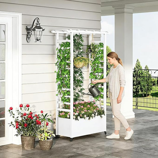 Raised Garden Bed with Trellis & Hanging Roof, Weatherproof Metal Planter Box with Wheels, Garden Arch Trellis for Outdoor Climbing Plants Vines Flowers, 74" H x 44" L x 17" W, White