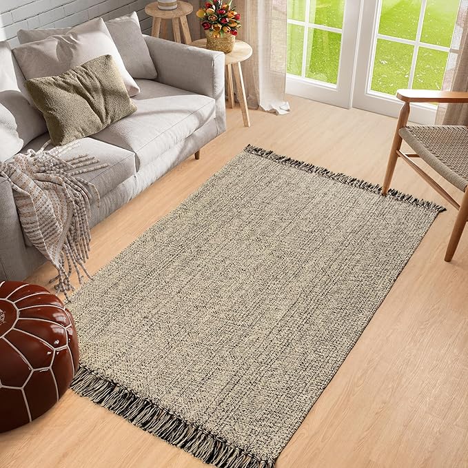 Collive 4x6 Area Rug, Natural/Black Woven Cotton Washable Modern Bedroom Rugs, Boho Dining Room Door Rug Carpet with Tassel for Living Room Nursery Room Office, Outdoor Rug for Patio Hallway Decor