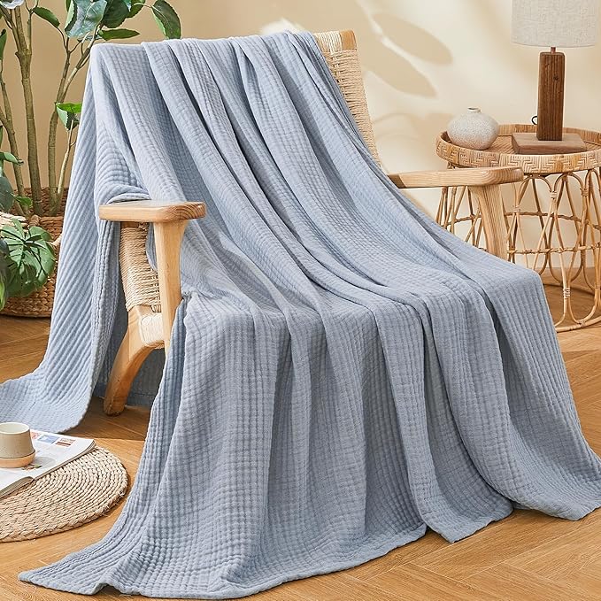 EMME Cotton Muslin King Blanket Bed Layering Bedspread Coverlet Breathable Gauze Soft Lightweight Blankets (Heather Dusty Blue, 108"x90")