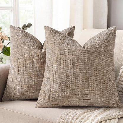 decorUhome Spring Oatmeal Chenille Throw Pillow Covers 18x18 Set of 2 Textured Slubby Couch Pillow Covers Farmhouse Accent Modern Neutral Decorative Pillow Cases for Bed Sofa Living Room