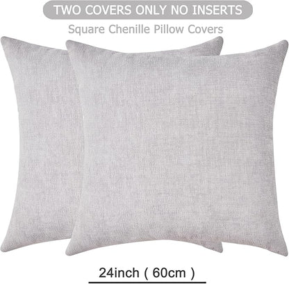 GAWAMAY Decorative Chenille Throw Pillow Covers 24x24 Inch Pack of 2, Soft Square Couch Pillow Cover for Sofa Cushion Living Room Bedroom Solid Dyed Pillowcases Light Grey 60x60cm (ONLY Covers)
