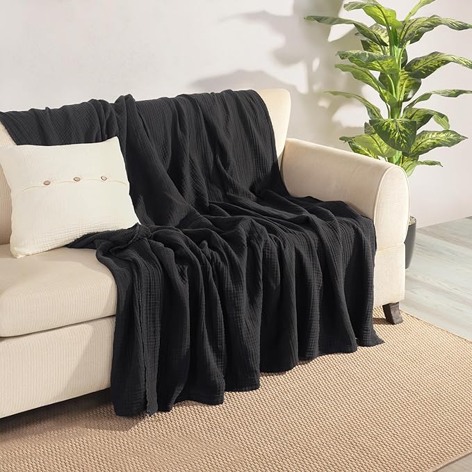 Muslin Blanket - Pure 100% Turkish Cotton Airy Soft Light Versatile Gauze Throw Blanket for Bed, Couch, Sofa (Black, Throw Size (50" x 66" inch))
