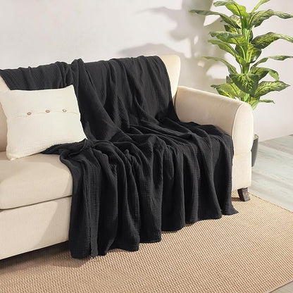Muslin Blanket - Pure 100% Turkish Cotton Airy Soft Light Versatile Gauze Throw Blanket for Bed, Couch, Sofa (Black, Throw Size (50" x 66" inch))