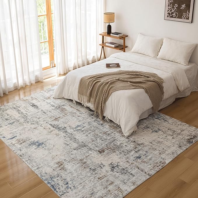 FMFUNCTEX 6x9 Washable Area Rug Brown Blue Neutral Abstract Modern Large Non Slip Carpet for Living Room Bedroom Soft Low Pile Indoor Mat Thin Accent Throw Rug for Dining Room Kitchen Office Nursery