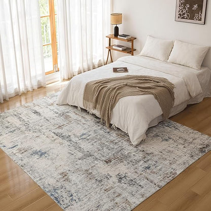 FMFUNCTEX 8x10 Washable Area Rug Brown Blue Neutral Abstract Modern Large Non Slip Carpet for Living Room Bedroom Soft Low Pile Indoor Mat Thin Accent Throw Rug for Dining Room Kitchen Office Nursery