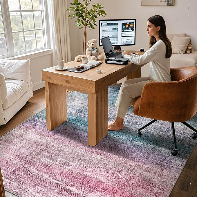 Kokia Abstract Area Rugs Boho Washable Distressed Retro Indoor 6x9 Rug Multicolor Low Pile Non-Slip Non-Shedding Red Carpet Bedroom Living Room Dining Room, Oslo Orchid