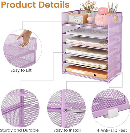 Subekyu 6 Tier Paper File Tray Organizer for Desk, Purple Mesh Desk Letter Paper File Folder Accessories Sorter Organizer with Handle, Stackable Slide Tray for Office, Home or School Supplies Storage