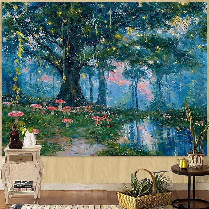 Haibimen Monet Nature Forest Tapestry Wall Hanging Green Tree Mushroom Landscape Tapestries for Bedroom Watercolor Aesthetic Wallpaper Decor for Living Room (forest-1, 80''×60'')