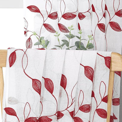 Tollpiz Burgundy Red Leaf Sheer Curtains Leaves Embroidered Bedroom Curtain Rod Pocket Voile Window Treatment for Living Room, 54 x 84 inches Long, Set of 2 Panels