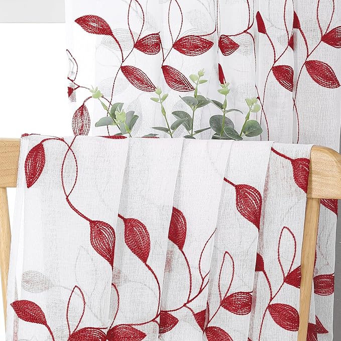 Tollpiz Burgundy Red Leaf Sheer Curtain Leaves Embroidered Living Room Curtains Rod Pocket Voile Window Treatment for Bedroom, 54 x 72 inches Long, Set of 2 Panels