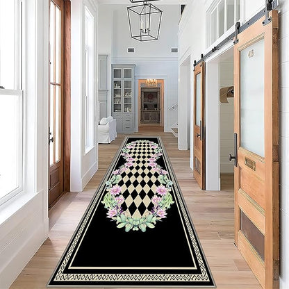 Vintage Farmhouse Checkered Hallway Carpet, 2.6x10ft, Elegant Floral Flower Checkerboard Indoor Throw Rugs, Absorbent Washable Foldable No Crease High Traffic Mat for Laundryroom Floor