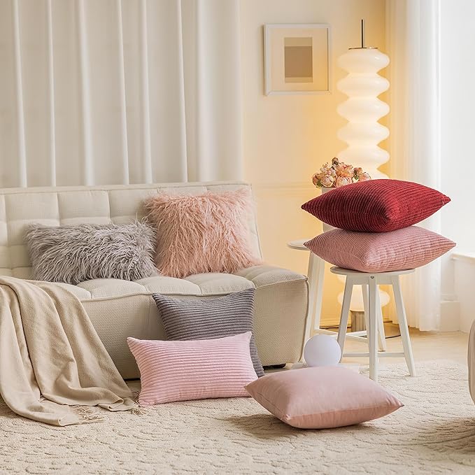 Home Brilliant Pink Lumbar Pillow Cover 12x20 Soft Striped Corduroy Accent Pillows for Bedroom Decorative Pillow Covers for Party, 12 x 20 inch, Blush Pink