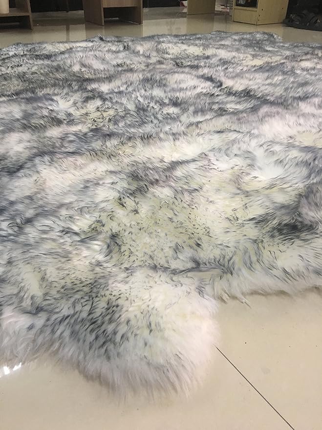 HUAHOO Premium Genuine Sheepskin Rug White Gray Real Australia Sheepskin Natural Lambskin Fur Area Rug Seat Covers for Kids Bedroom Sofa Chair Cover Pets Dogs Mat Eight Pelt / 6.2' x 7' Wolf Tip