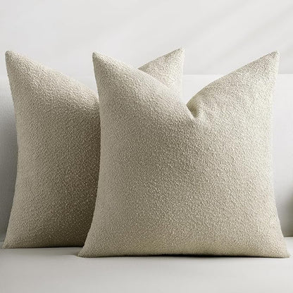 Throw Pillow Covers 20 x 20 Inch Set of 2, Beige Decorative Accent Solid Boucle Textured Pillow Cover, Cozy Neutral Cushion Pillow Cases for Living Room, Sofa, Chair, Bedroom, Home Decor