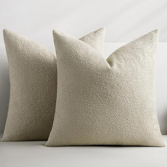 Throw Pillow Covers 18 x 18 Inch Set of 2, Beige Decorative Accent Solid Boucle Textured Pillow Cover, Cozy Neutral Cushion Pillow Cases for Living Room, Sofa, Chair, Bedroom, Home Decor