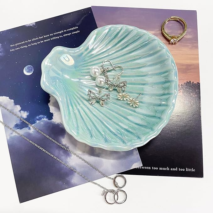 Ring Dish Shell Shape Ceramic Jewelry Dish Tray, Decorative Trinket Dish Organizing Rings Earrings Necklaces Keys for Mom Friend Sister, 3.9", Blue Iridescent Surface