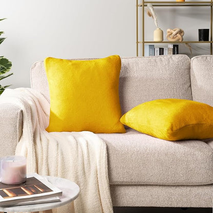 PAVILIA Mustard Yellow Throw Pillow Covers 18x18 Set of 2, Decorative Pillow Cases for Bed Sofa Couch, Boho Aesthetic Accent Decor Cushion Bedroom Living Room, Velvet Square Euro Sham Covers, Yellow