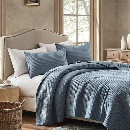 WDCOZY 100% Cotton Oversized King Size Quilt Set - Dusty Blue California Cal King Striped Pick Stitch Soft Lightweight Bedspread, Textured Like Linen, Farmhouse Country Rustic Coverlet, 3 Pieces