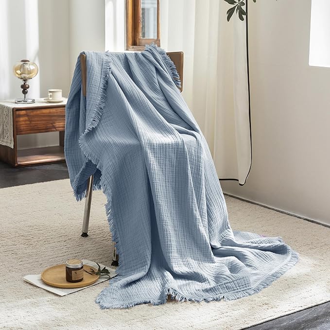 FOSSA Muslin Blanket with Fringe - 4-Layer 100% Cotton Gauze Super Soft & Breathable Throw -Lightweight Decorative Cooling Blanket for Bed, Sofa, Office (Cornflower Blue, King (104" × 90"))