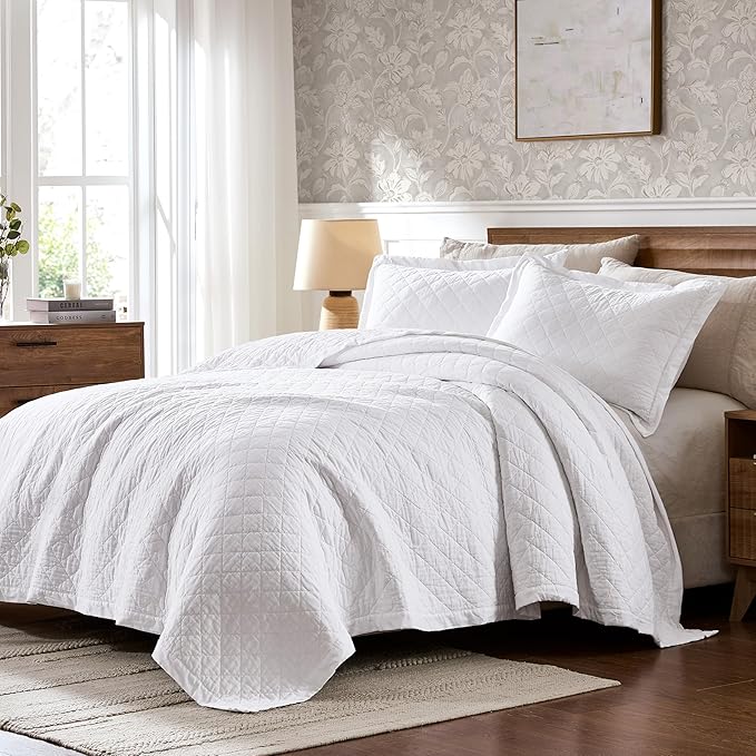 WDCOZY 100% Pre-Washed Cotton Oversized King Size Quilt Set - White California Cal King Soft Lightweight Bedspread, Textured Like Linen, Farmhouse Country Rustic Coverlet, Diamond Stitch Bedding