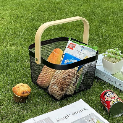 Metal Mesh Wire Basket, Small Steel Basket with Wooden Handle Storage Organizer Basket Multi-functional Hanging Kitchen Baskets Fruit Baskets for Kitchen Bathroom Cabinet Pantry Snacks, Black