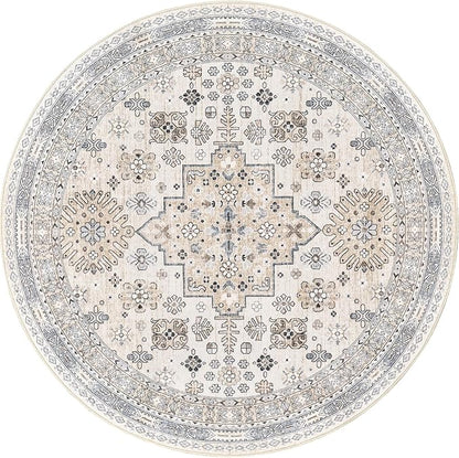 zesthome 9ft Round Rugs for Living Room, Non-Slip Washable Round Area Rugs, Ultra-Thin Large Circle Rugs, Soft Low Pile Rug for Bedroom, Kitchen - Vintage Stain Resistant Round Rug (Beige,9'x9')