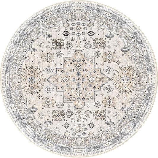 zesthome Washable Round Area Rugs - Non-Slip 6ft Round Rugs, Ultra-Thin Large Circle Rugs for Living Room, Soft Low Pile Rug for Bedroom, Kitchen, Nursery - Vintage Stain Resistant Round Rug