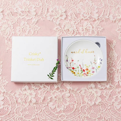 Crisky Jewelry Ring Dish for Maid of Honor Gifts from the Bride, Personalized Bridesmaid Proposal Gifts Idea Trinket Tray
