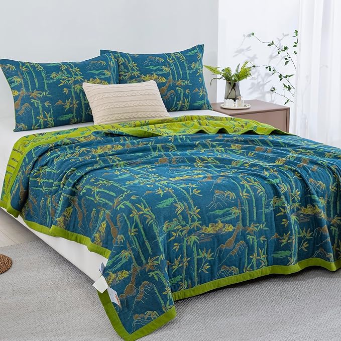 100% Cotton Muslin Jacquard 2 Piece Quilt Set Botanical Bamboo Leaf Print, Soft 3 Layers Gauze Bed Cover Reversible Bedspread Coverlet Breathable Lightweight Bedding Set, Twin