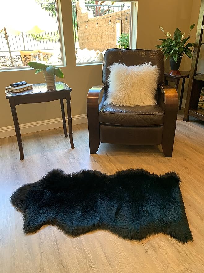 LAMBZY Faux Sheepskin Super Soft Hypoallergenic Silky Shag Rug for Living Room, Kids Room, Sofa (Single and a Half 2'x4'6", Black)