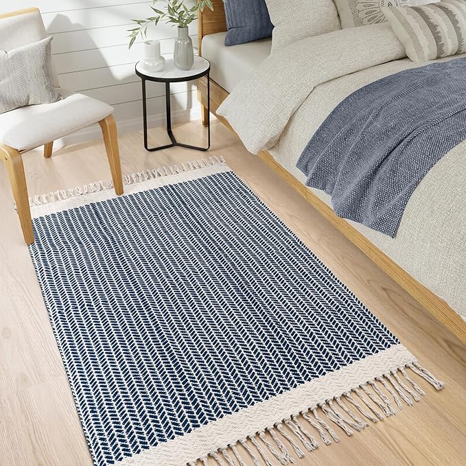 Lahome Boho Bedroom Rug, 3x5 Kitchen Rug Lightweight Rugs for Entryway Living Room Woven Washable Area Rug with Tassels, Farmhouse Navy Blue Throw Rugs Non Shedding Floor Carpet for Living Bedroom