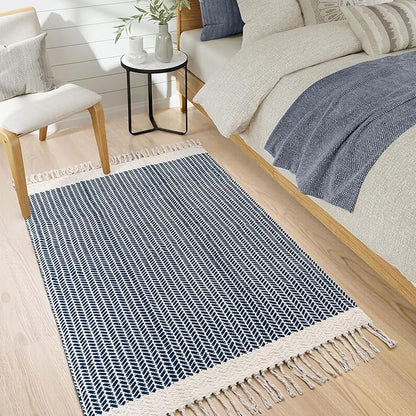 Lahome Boho Bedroom Rug, 3x5 Kitchen Rug Lightweight Rugs for Entryway Living Room Woven Washable Area Rug with Tassels, Farmhouse Navy Blue Throw Rugs Non Shedding Floor Carpet for Living Bedroom