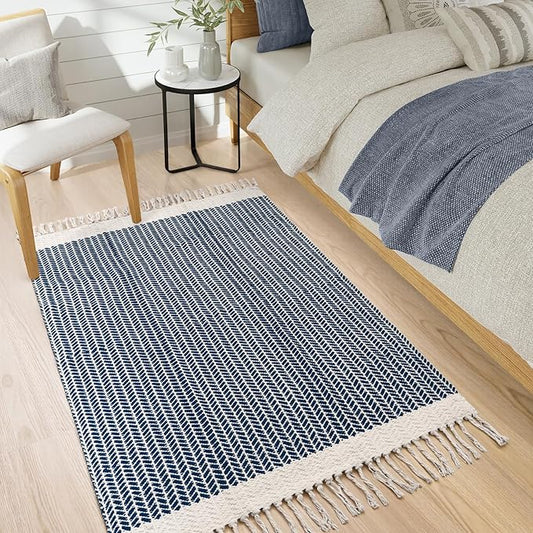 Lahome Boho Bedroom Rug, 3x5 Kitchen Rug Lightweight Rugs for Entryway Living Room Woven Washable Area Rug with Tassels, Farmhouse Navy Blue Throw Rugs Non Shedding Floor Carpet for Living Bedroom