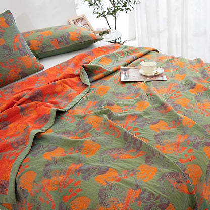 100% Cotton Muslin Blanket Jacquard Ginkgo Leaf Floral Pattern Quilt, Soft Bed Cover Lightweight Breathable Gauzy Reversible Bedspread Coverlet Bedding Full/Queen(78"x94"), No Pillow Sham