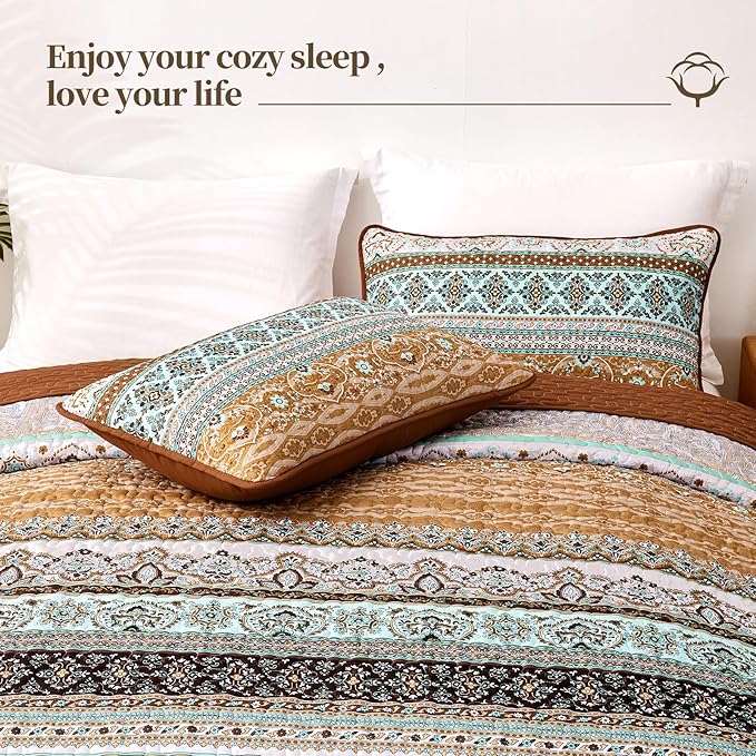 WONGS BEDDING Boho Fall Queen Quilt Set, Brown Bohemian Queen Quilt Bedding Set, Lightweight Microfiber Bed Decor Bedspread for All Season 96"x90"(3 Pieces)